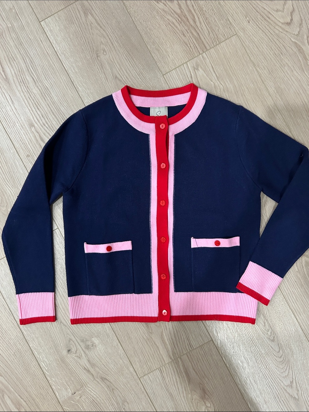 Sioni Women’s Navy Cardigan with Pink & Red Trim